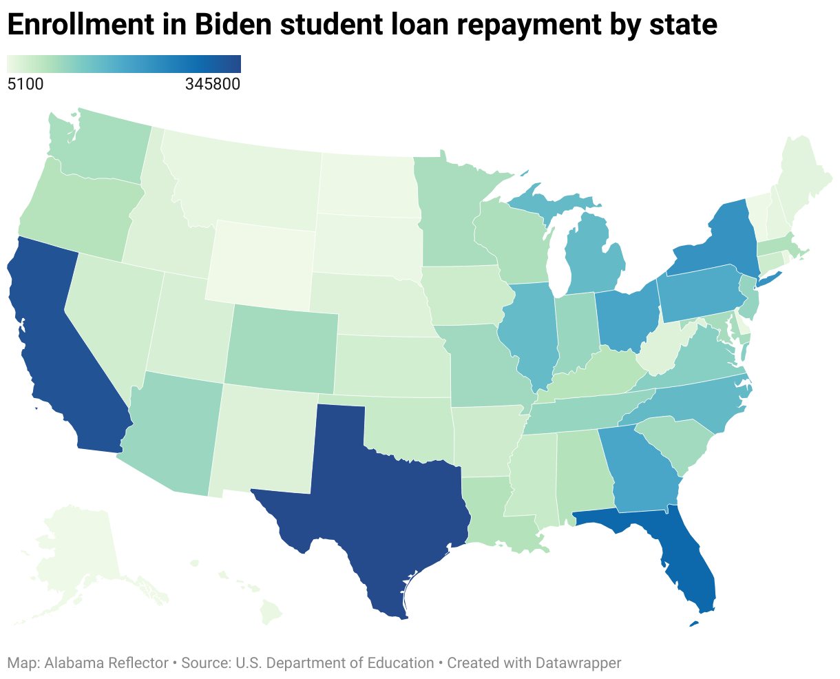 A state-by-state map of the largest enrollments in a White House student loan repayment program. 