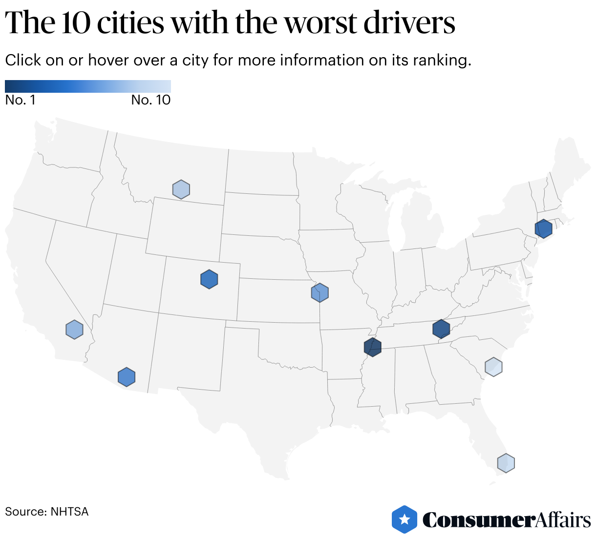 A map showing the 10 cities with the worst drivers.