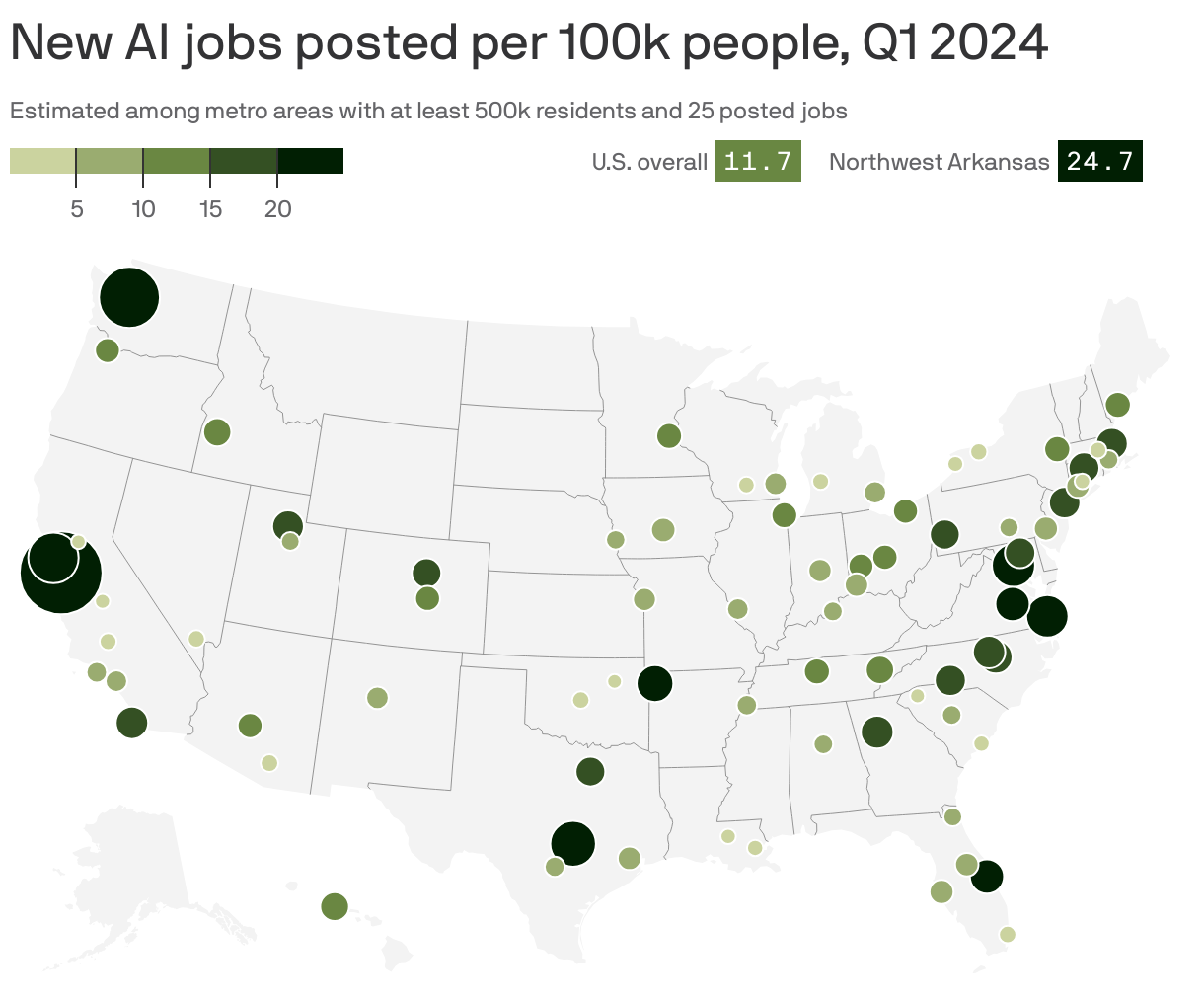 New AI jobs posted per 100k people, Q1 2024