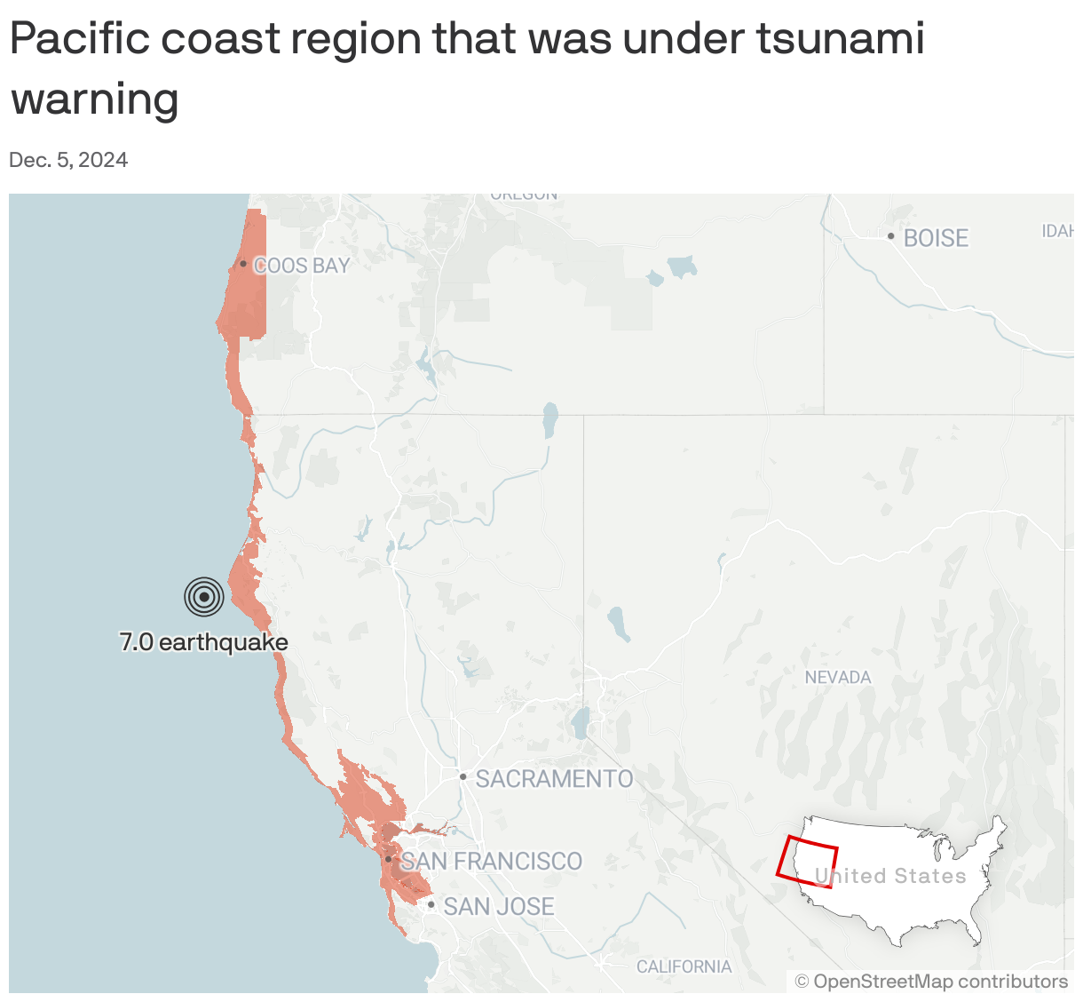 Map showing the area of the south Oregon and northern California coast under tsunami warning on Dec. 5, 2024, including the location of a 7.3-magnitude earthquake off the coast 45 miles southwest of Eureka, California.