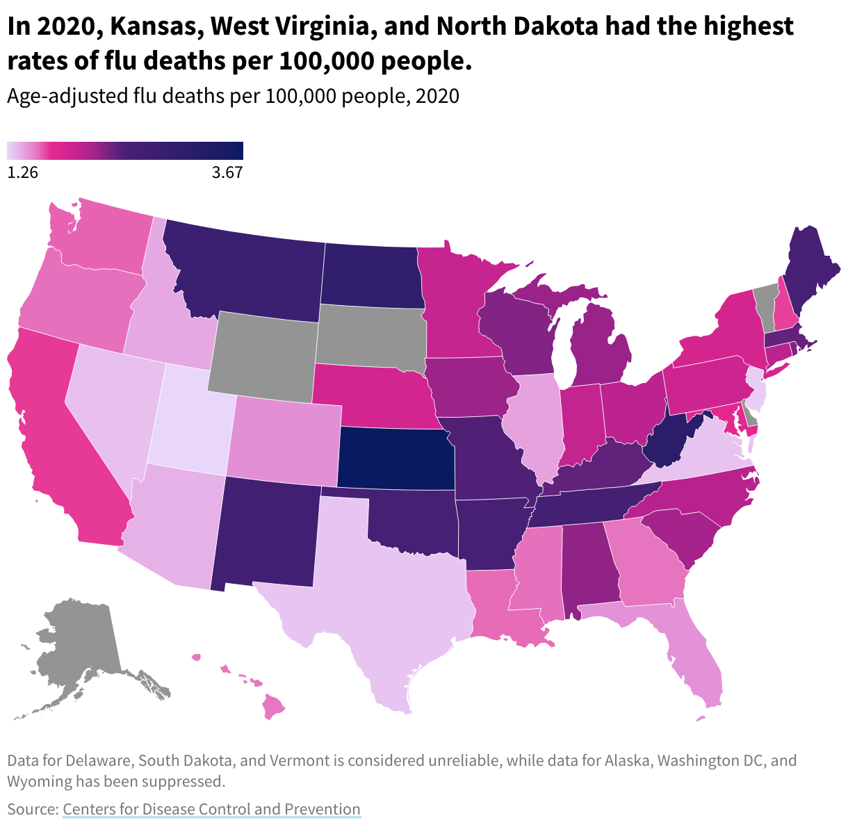 A map of US state displaying the number of age-adjusted flu deaths per 100,000 people.