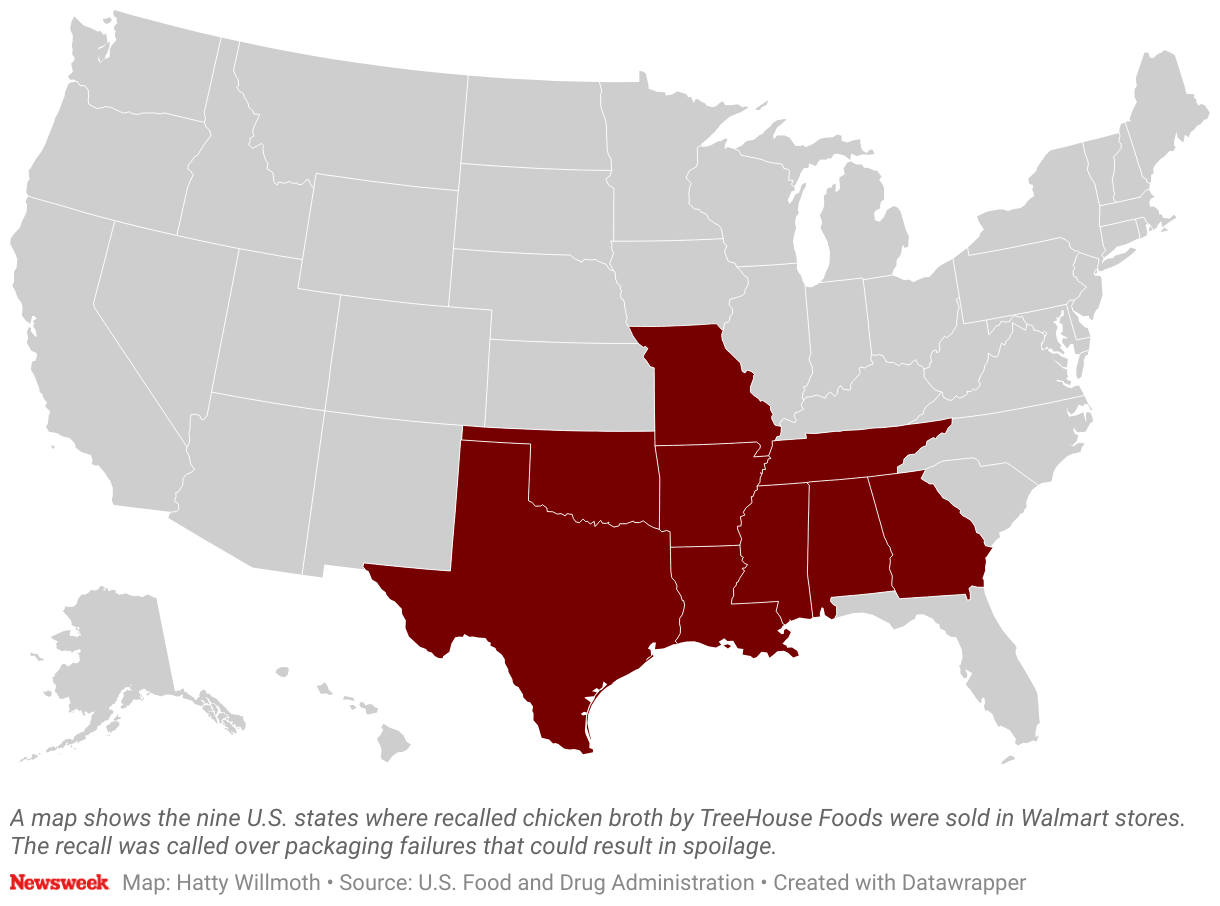 A map shows the nine US states where recalled TreeHouse Foods chicken broth was sold in Walmart stores. The recall was called due to packaging defects that could result in spoilage.