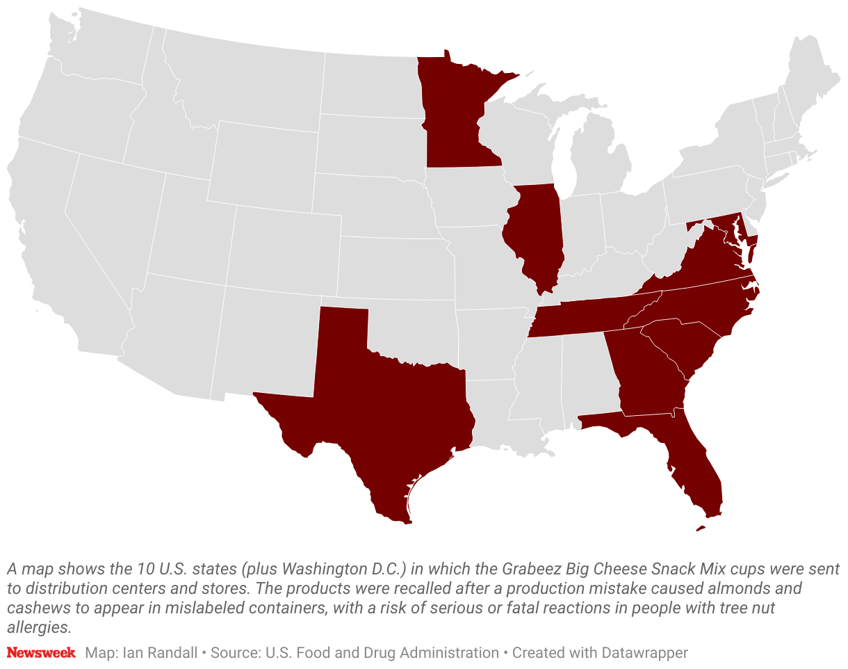 A map shows the 11 U.S. states (plus Washington D.C.) in which the Grabeez Big Cheese Snack Mix cups were sent to distribution centers and stores.
