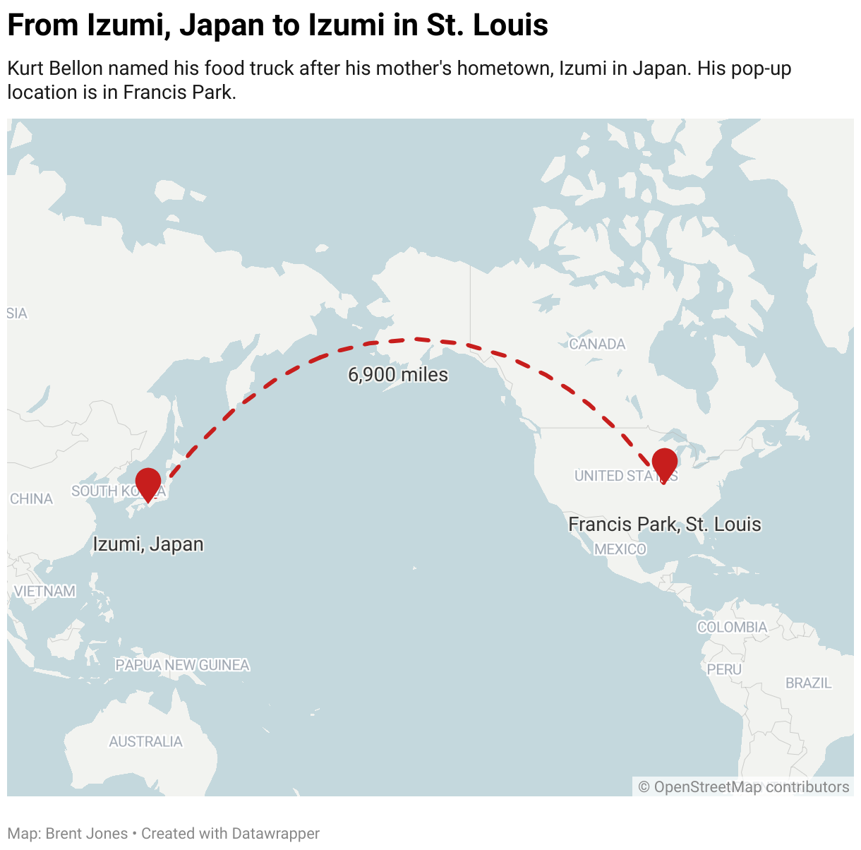 A locator map showing Izumi, Japan and Francis Park, St. Louis, with a dashed line between them.