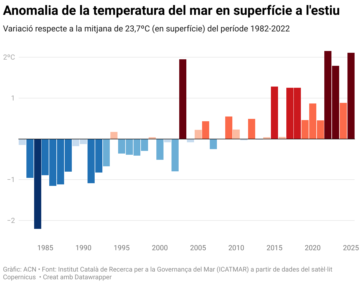 Anomalia de la temperatura del mar en superfície a l'estiu (Column Chart)
