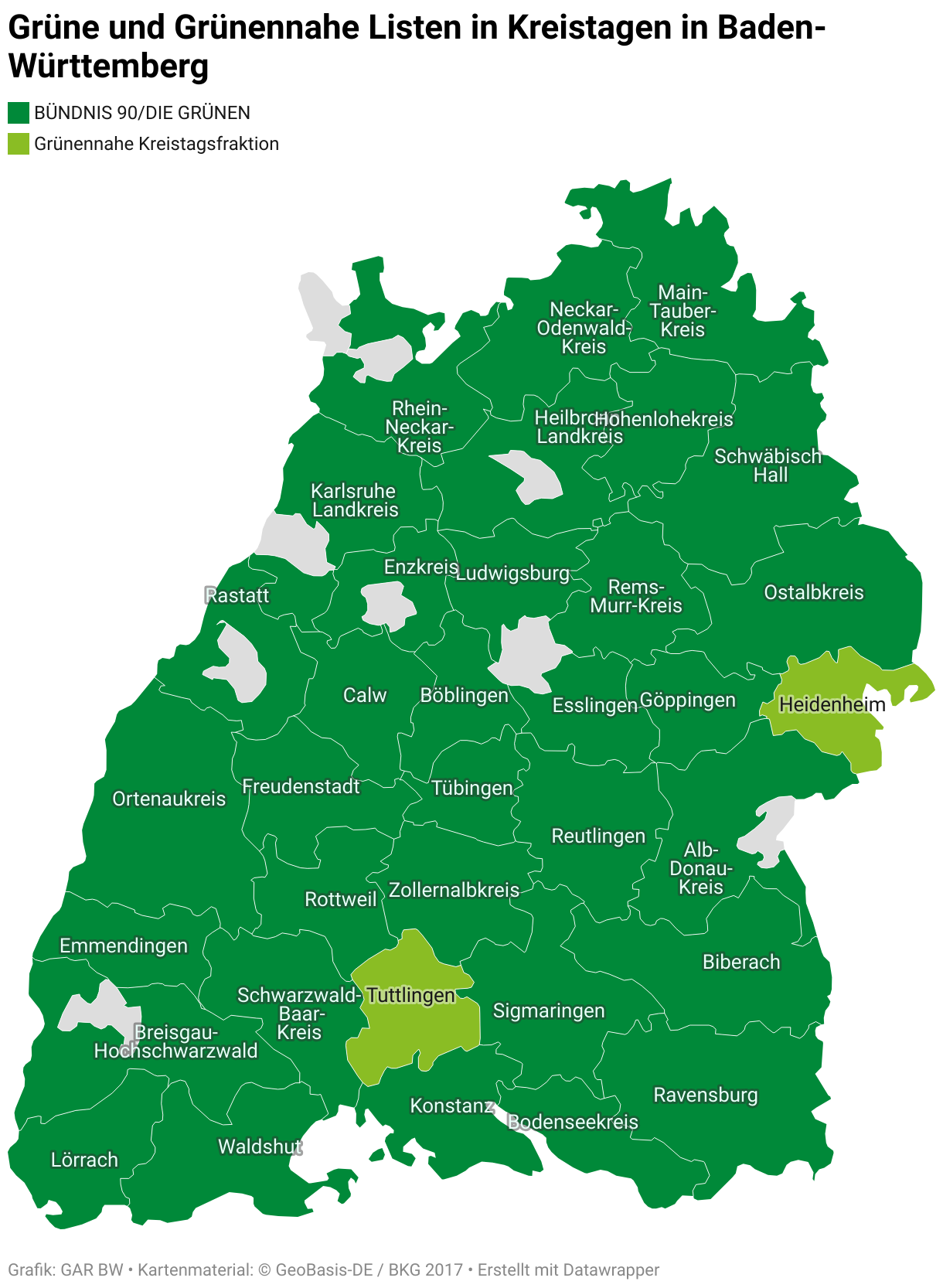 Hier siehst du eine Karte von Baden-Württemberg mit allen Landkreisen. Dunkelgrün hervorgehoben sind Landkreise, in denen Kandidaten von Bündnis90 / Den Grünen im Kreistag sind. Hellgrün hervorgehoben sind Landkreise, in denen Kandidaten von grünnahen Listen im Kreistag sind. Grau dargestellt sind die kreisfreien Städte.