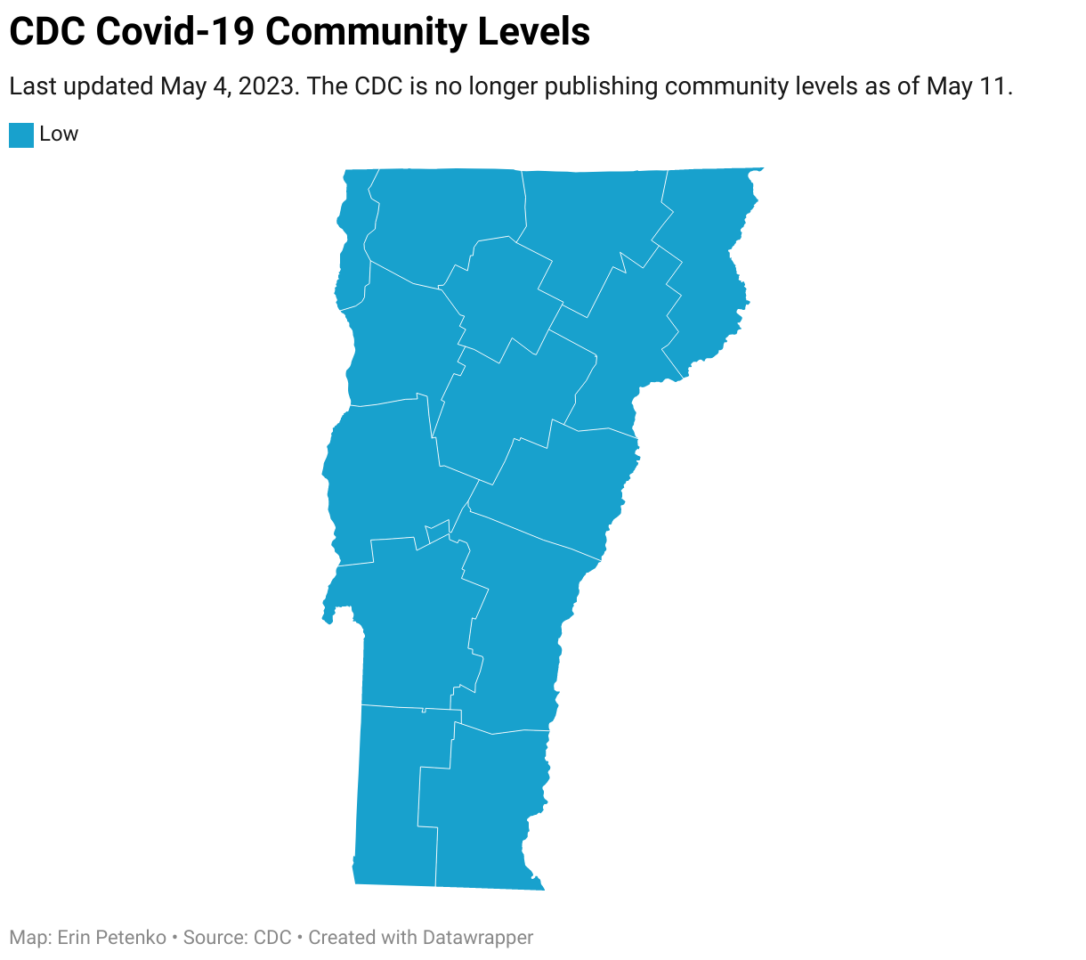 This chart depicts the level of Covid by county in Vermont. For a screen reader friendly overview of Vermont Covid data, visit the VTDigger page https://vtdigger.org/coronavirus/.
