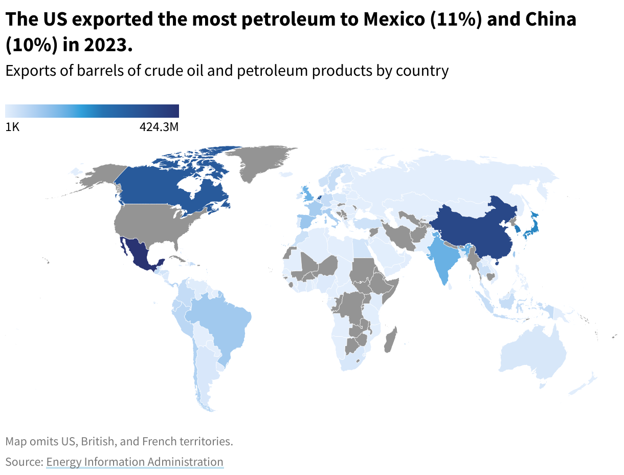 World map showing exports of petroleum products in 2023.