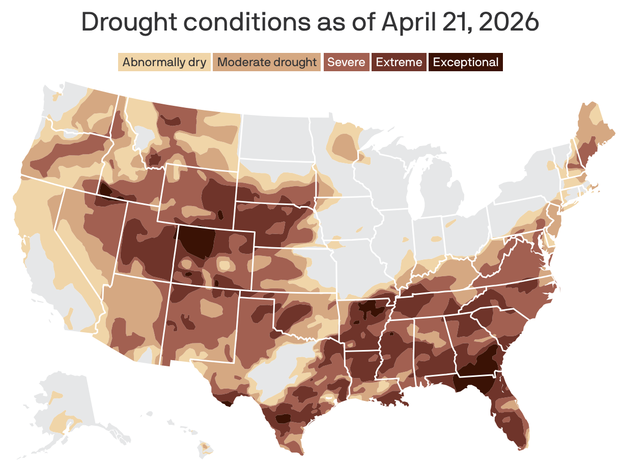 A map showing drought conditions in the United States as of April 21, 2026. Much of the country is at least abnormally dry, with parts experiencing moderate to exceptional drought.