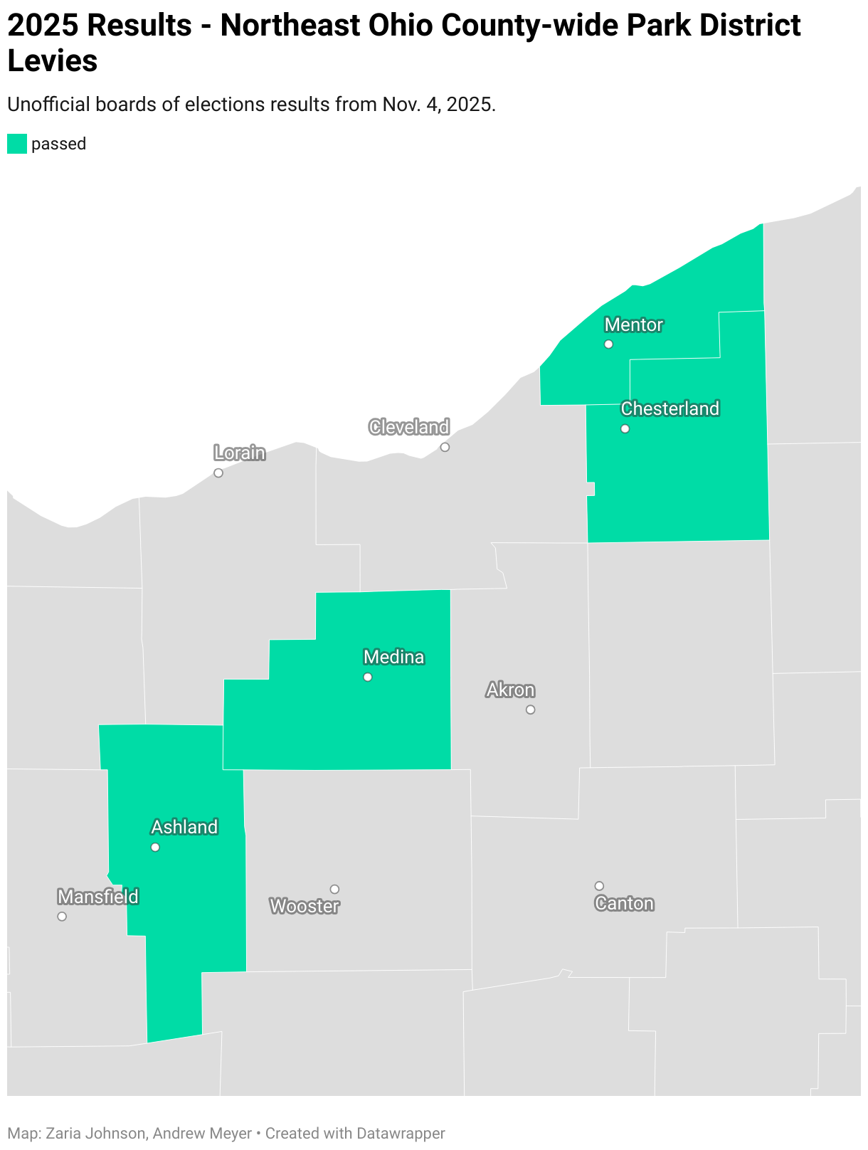 An interactive map showing the Northeast Ohio counties with park distric levies on the November 2025 ballot