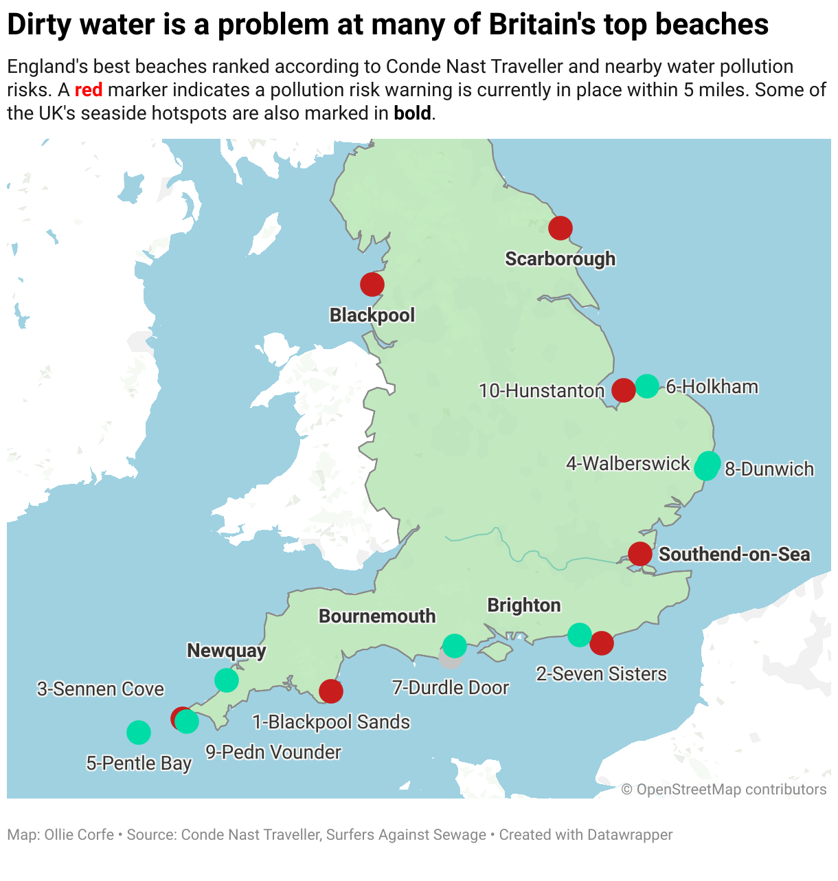 Map of the UK's best beaches and their sewage risk levels.