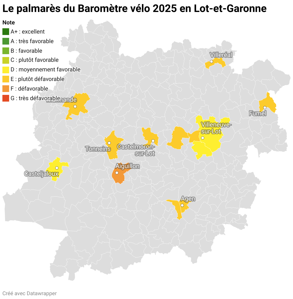 Le palmarès du Baromètre vélo 2025 en Lot-et-Garonne (Carte choroplèthe)