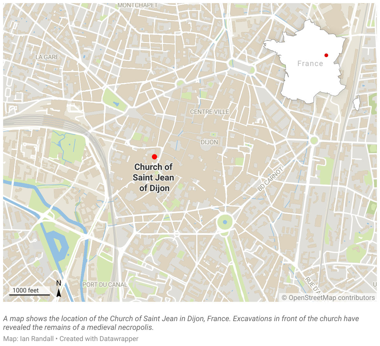 A map shows the location of the Church of Saint Jean in Dijon, France.