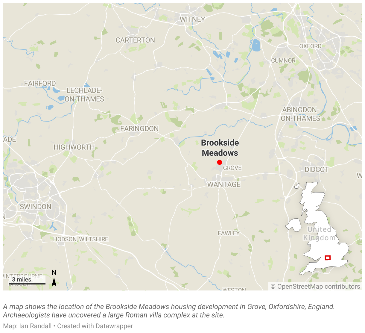 A map shows the location of the Brookside Meadows housing development in Grove, Oxfordshire, England.
