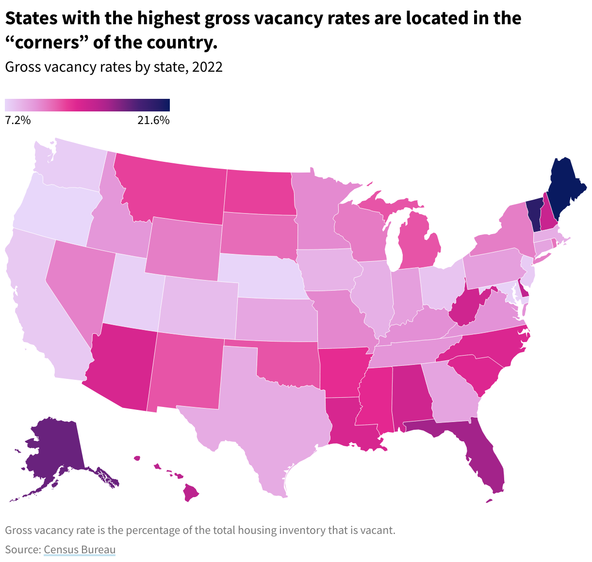 Map of the US showing the gross vacancy rate by state.
