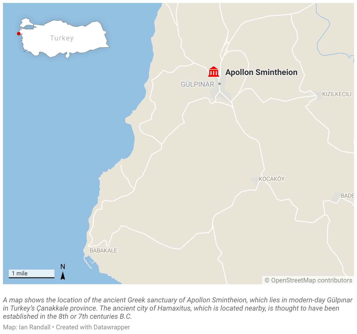 A map shows the location of the ancient Greek sanctuary of Apollon Smintheion, which lies in modern-day Gülpınar in Turkey’s Çanakkale province.