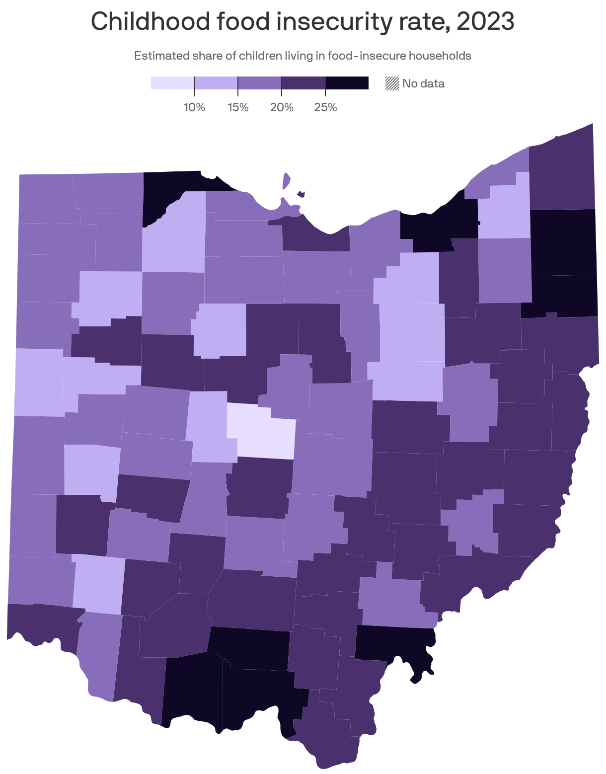 Choropleth map showing the estimated childhood food insecurity rate in Ohio for 2023. On average, 19% of children living in the state experienced food insecurity. Adams County, Ohio had the highest rate at 28%.