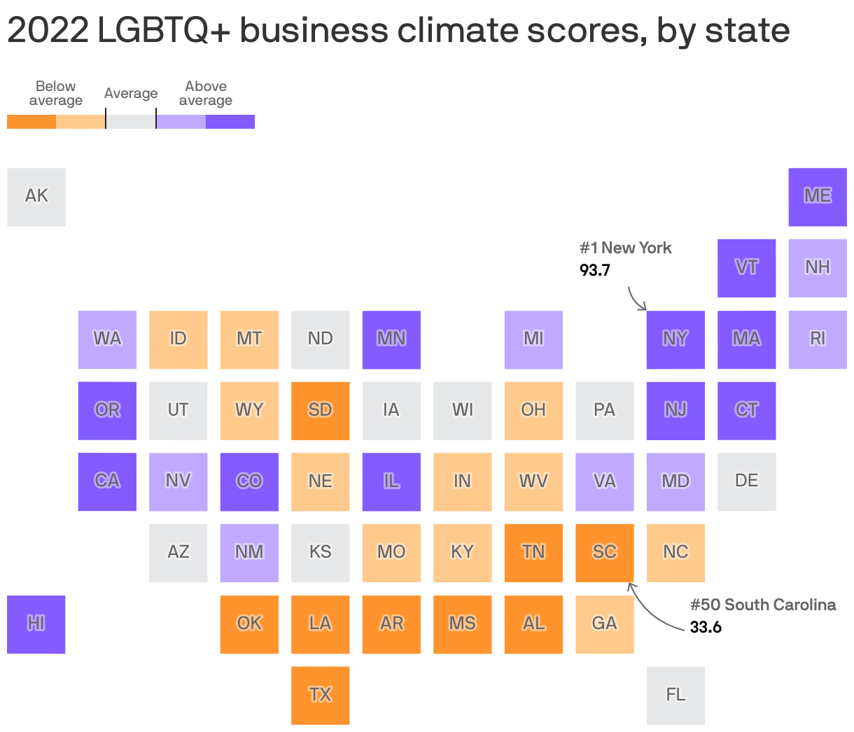 2022 LGBTQ+ business climate scores, by state