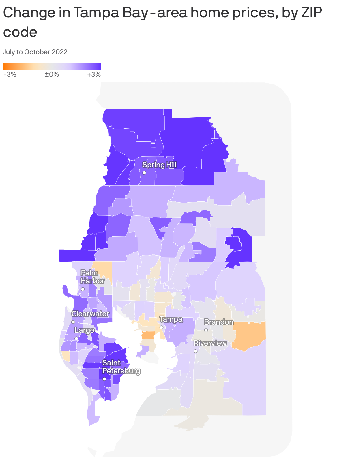 Change in Tampa Bay-area home prices, by ZIP code