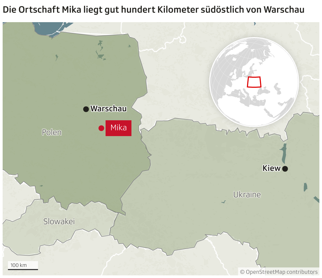 Die Ortschaft Mika liegt gut hundert Kilometer südöstlich von Warschau (Locator-Karte)