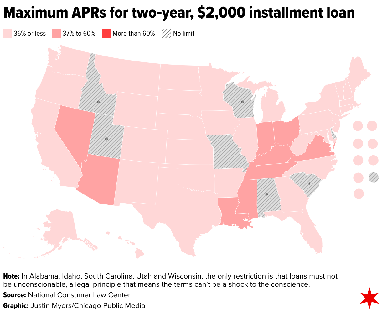Maximum APRs for two‑year, $2,000 installment loan (Choropleth map)