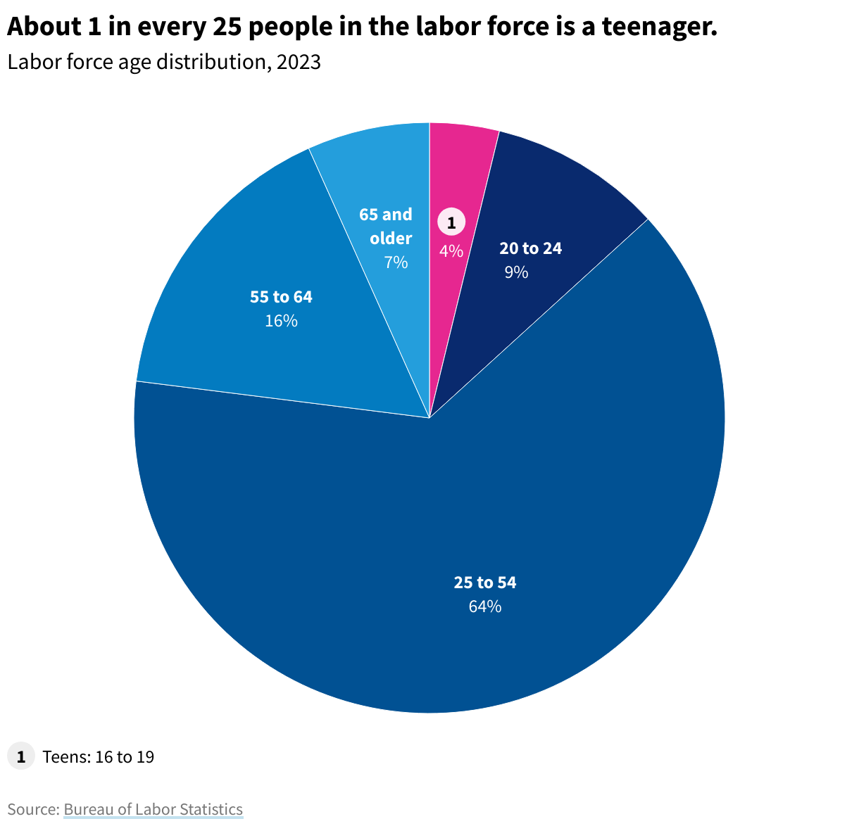 Pie chart of the percent of the total labor force that are teens. 