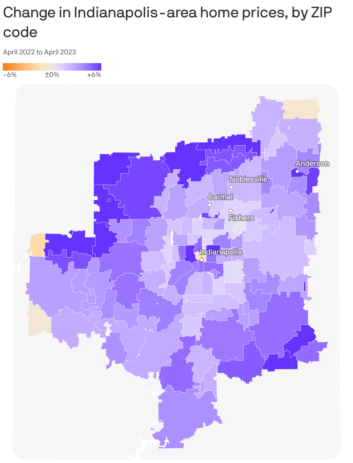Change in Indianapolis-area home prices, by ZIP code
