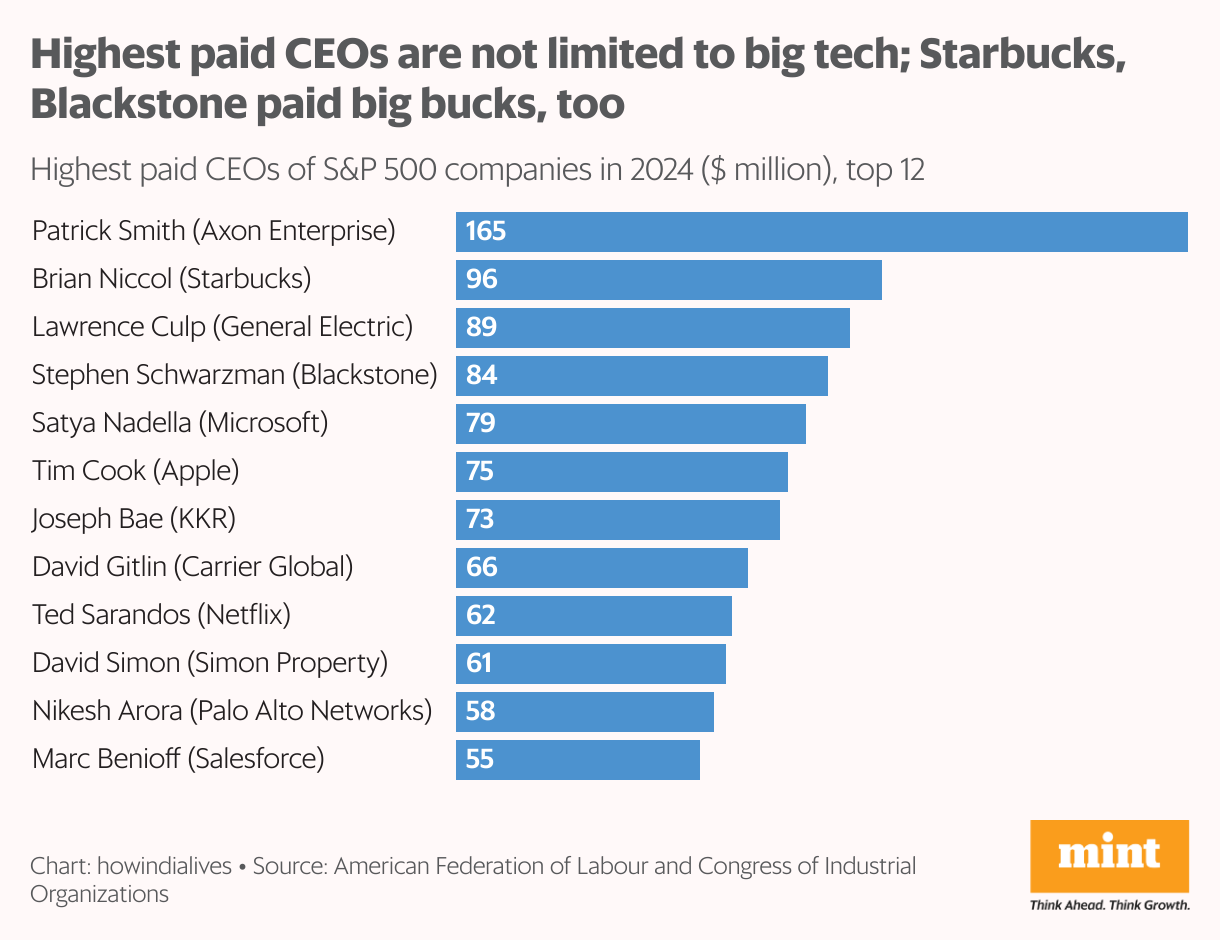 The horizontal bar graphics lists the highest paid CEOs of S&P 500 companies led by Patrick Smith (AXON) in 2024, then Brian Niccol (Starbucks) and Lawrence Culp (General Electric). The graph shows that the high CEO includes not only major technology but also various industries.