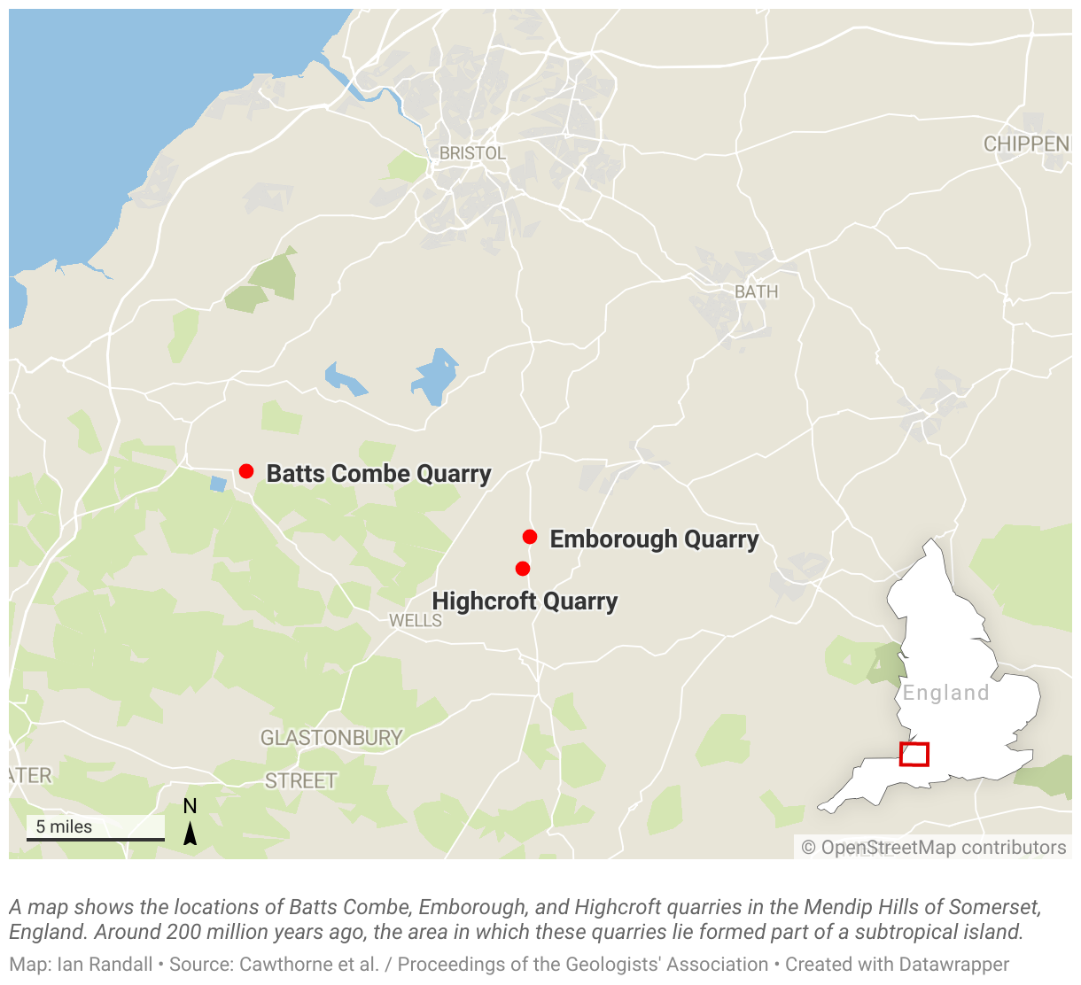 A map shows the locations of Batts Combe, Emborough, and  Highcroft quarries in the Mendip Hills of Somerset, England.