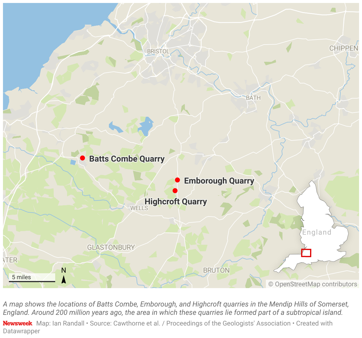 A map shows the locations of Batts Combe, Emborough, and  Highcroft quarries in the Mendip Hills of Somerset, England.