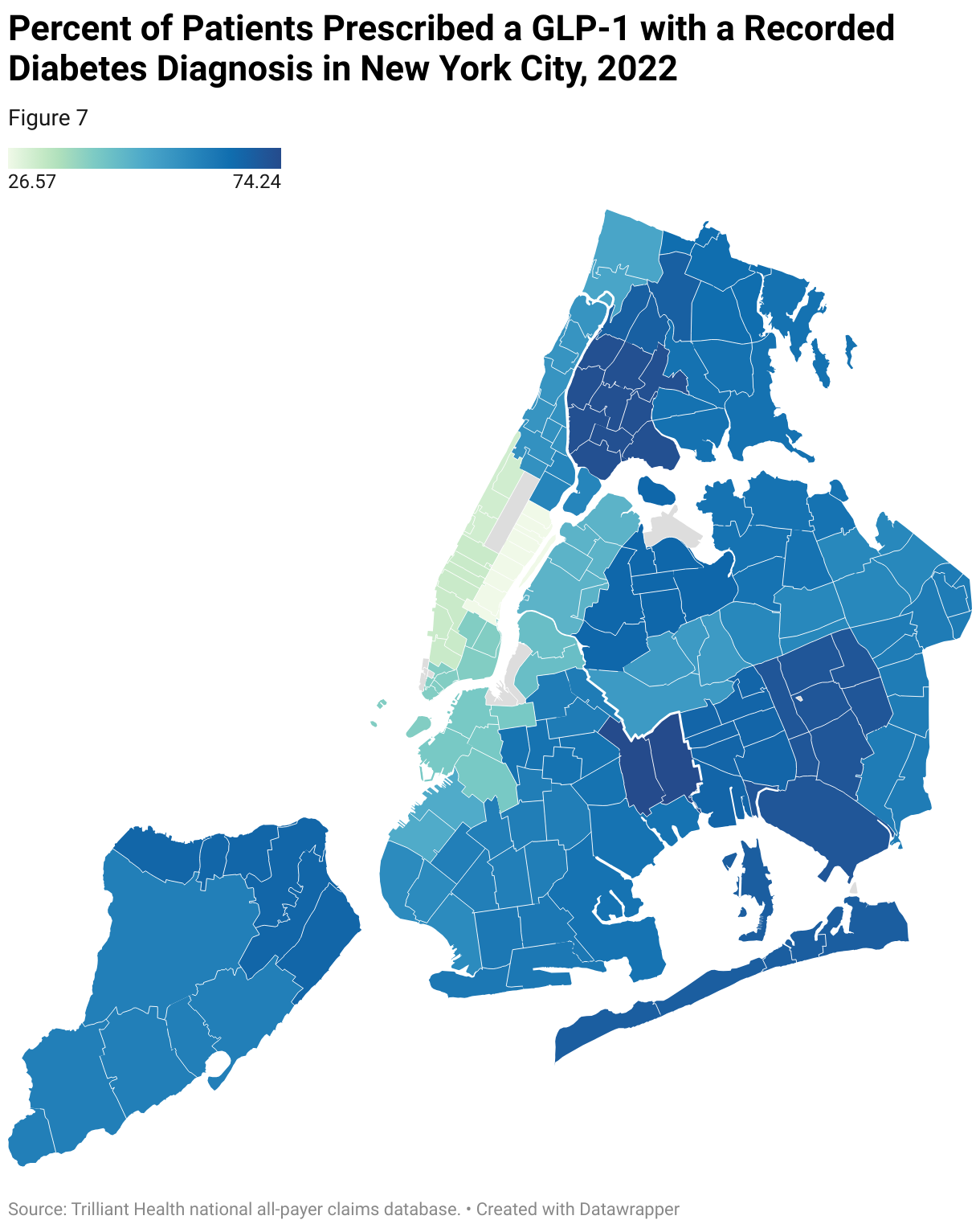 A map of New York City shows the percent of patients prescribed GLP-1s with a recorded diabetes diagnosis, with high off-label usage in the Upper East Side.