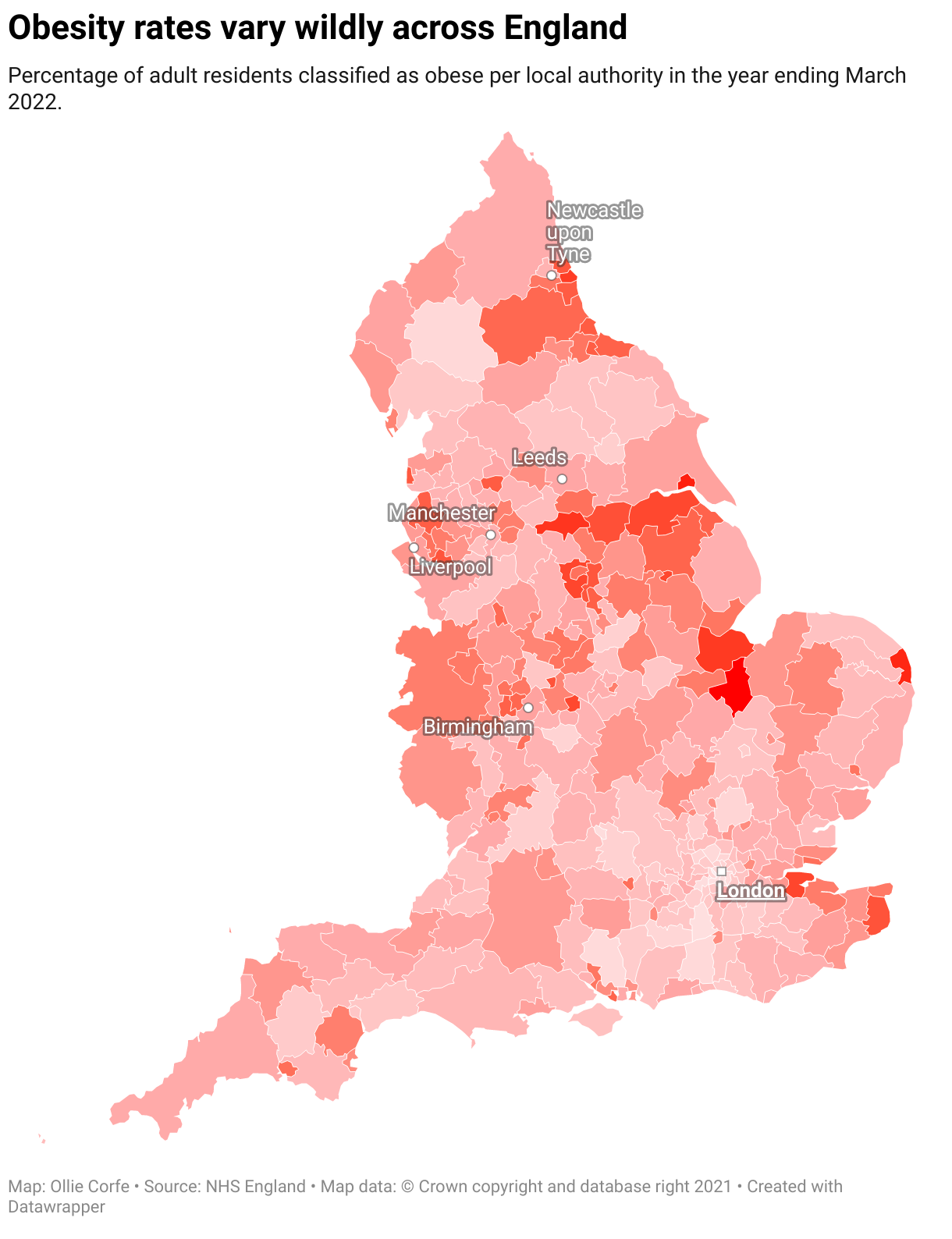 Map of England by obesity rates.