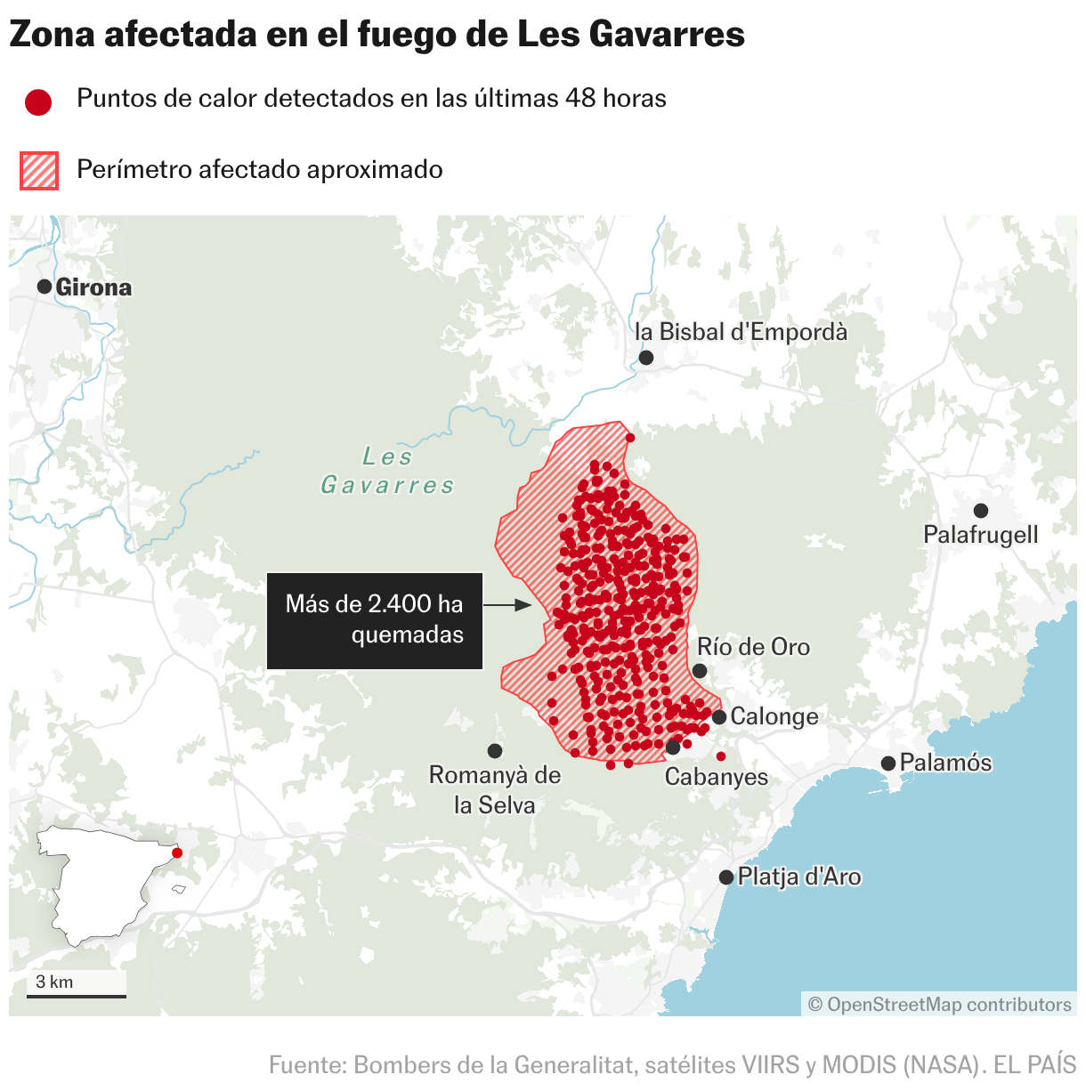 Zona afectada en el fuego de Les Gavarres (Mapas de ubicación)