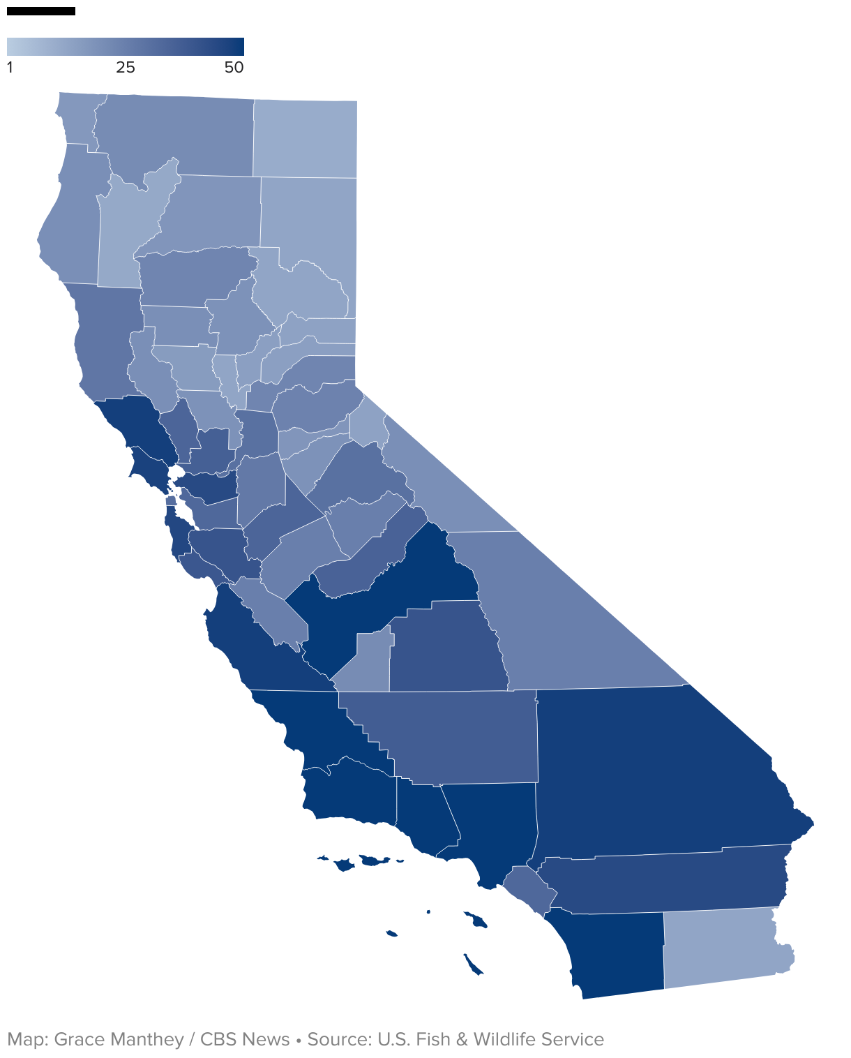 A map showing the number of endangered threatened species by county in California, colored in shades of blue. Coastal, central and Southern California have the highest numbers.