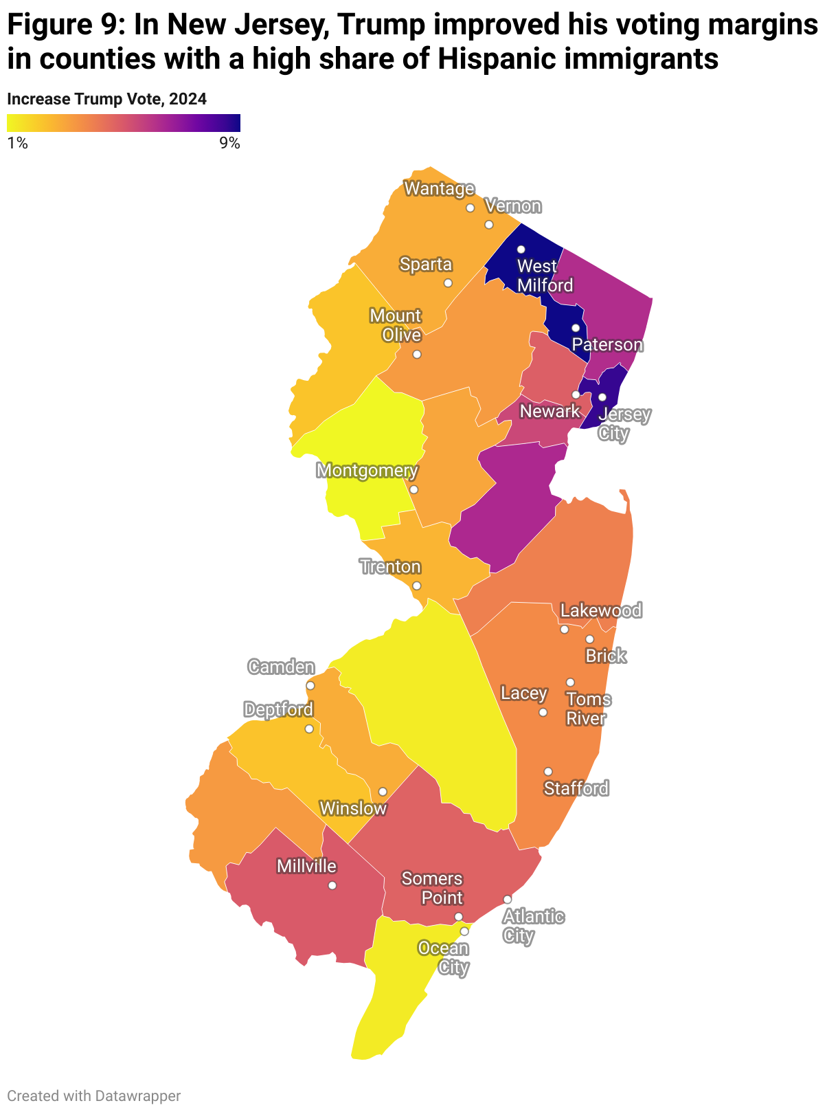 Figure 9: In New Jersey, Trump Improved His Voting Margins In Counties With A High Share Of Hispanic Immigrants