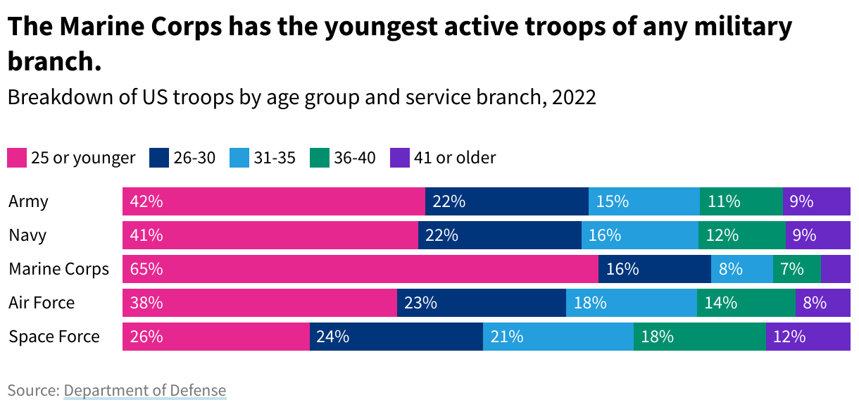 A stacked bar graph depicting the age ranges of US troops by service branch in 2022. 