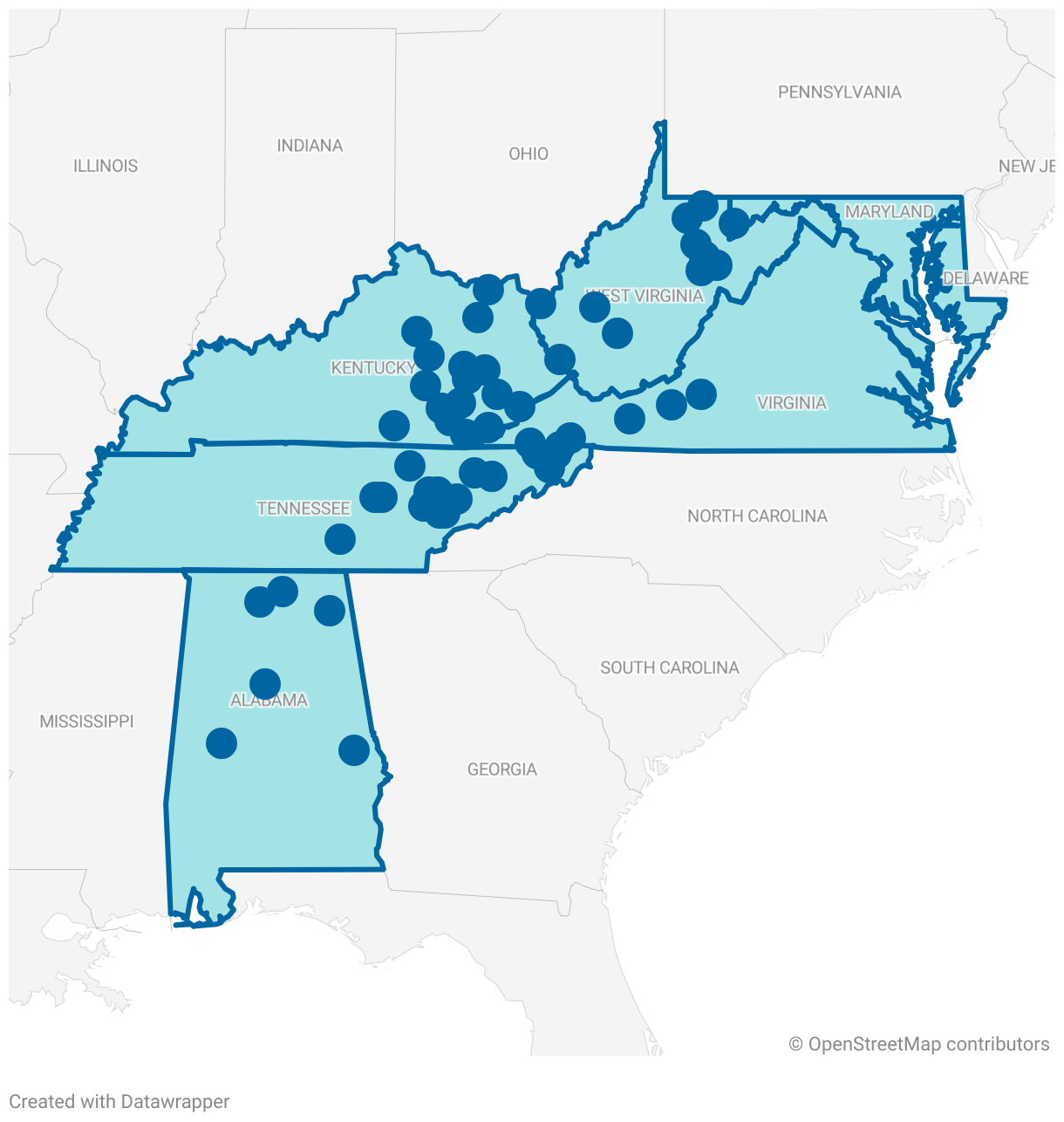 Map showing locations of Fahe Members across Appalachia