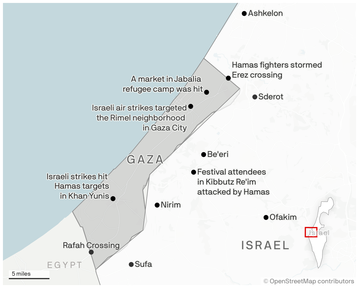 Select locations in southern Israel and Gaza