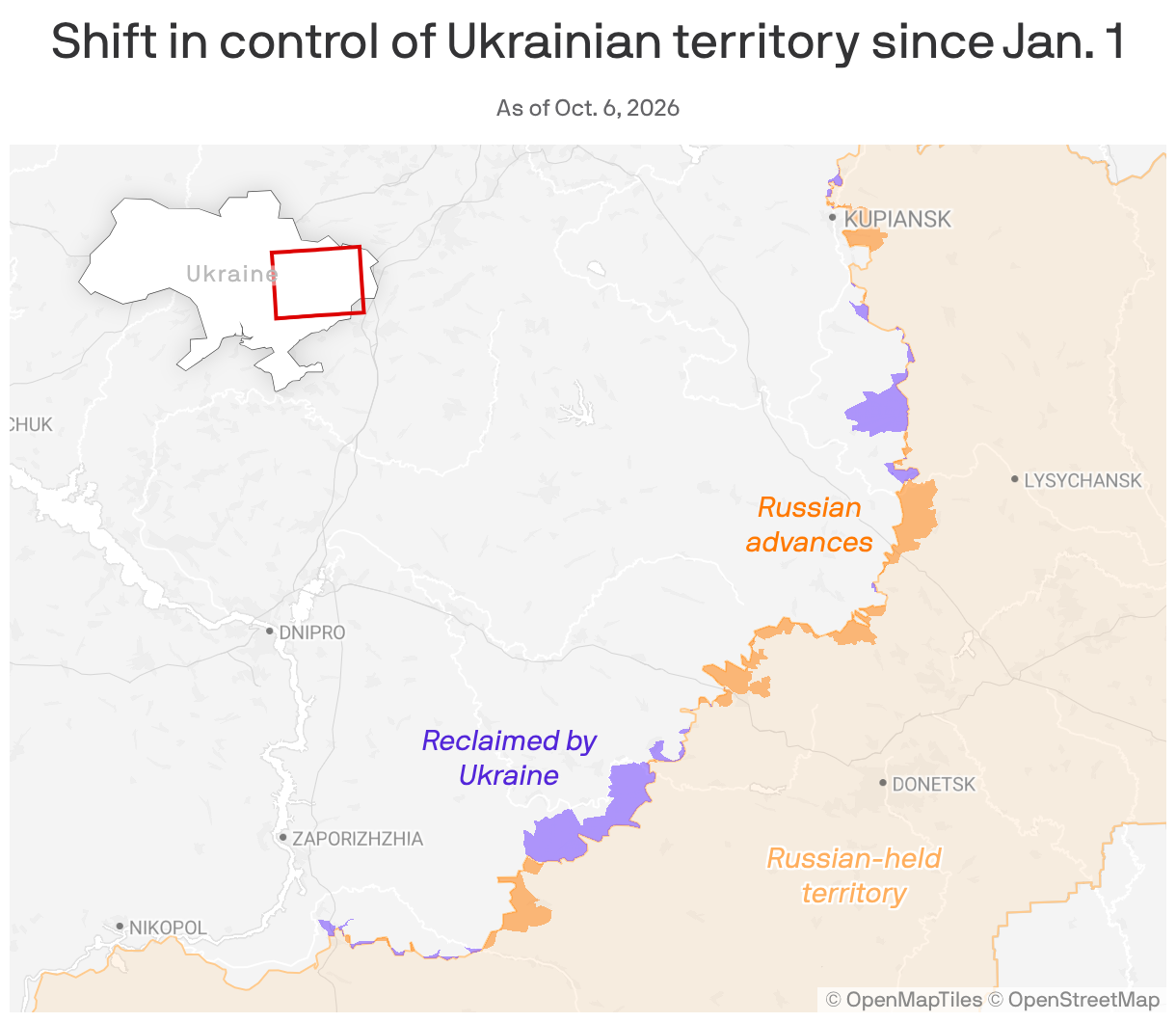 A map showing the shift in control of Ukrainian territory since Jan. 1, as of Oct. 6, 2026.