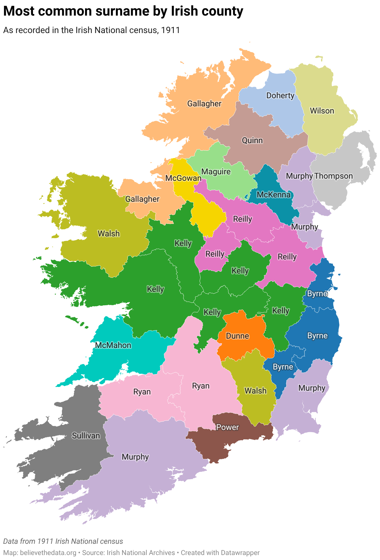 A map of the 32 counties of Ireland, showing the most common surname as of the 1911 census