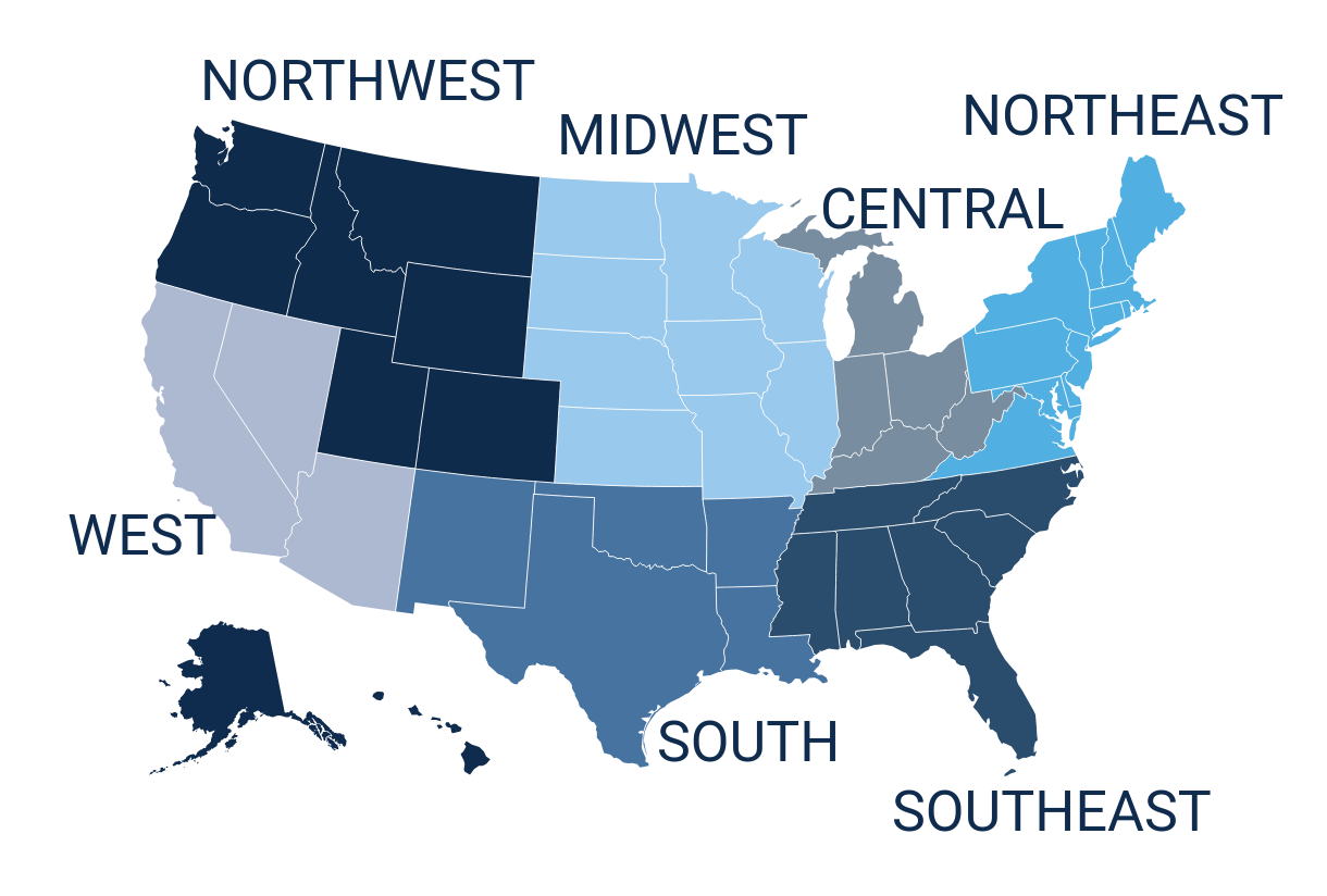 Map of the USA showing WGU's 7 regions.