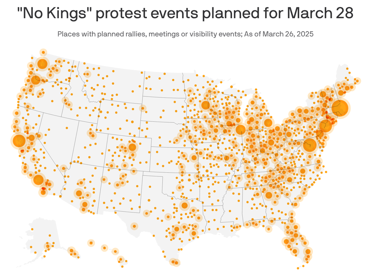 A map of the U.S. showing the locations of "No Kings" protest events planned for March 28, 2026. There were nearly 4,000 events planned in about 2,200 cities as of March 26.