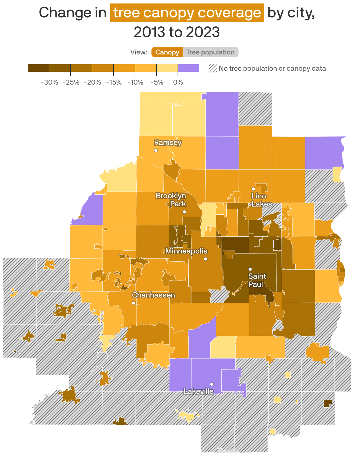 A chloropleth map of the Twin Cities metro area showing the loss (or gain) of tree canopy by city, with much of the area around St. Paul showing a serious decline as denoted by dark shading. Other suburban communities have seen some gain, indicated by lighter colors.