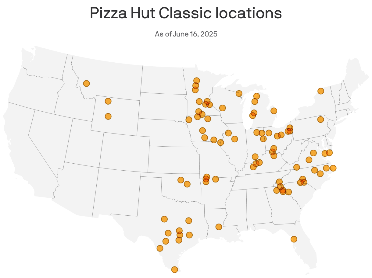 A map shows Pizza Hut Classic locations across the United States. Most are in the Carolinas and the Midwest.