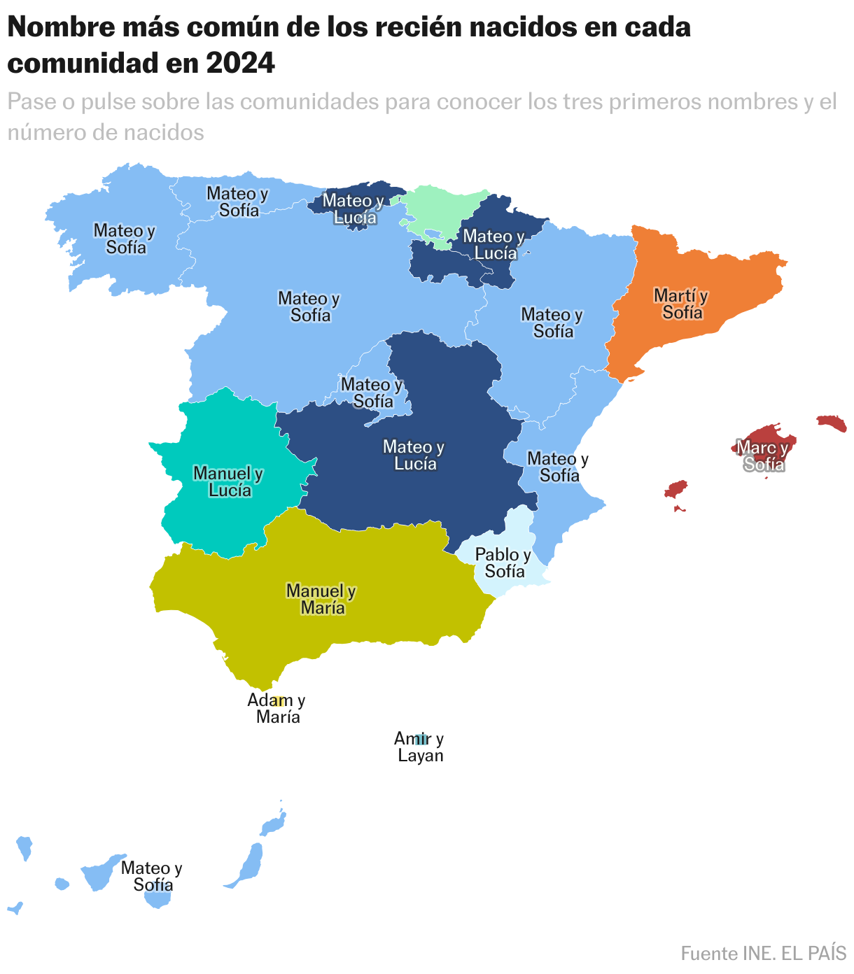 Nombre más común de los recién nacidos en cada comunidad en 2024 (Mapa coroplético)