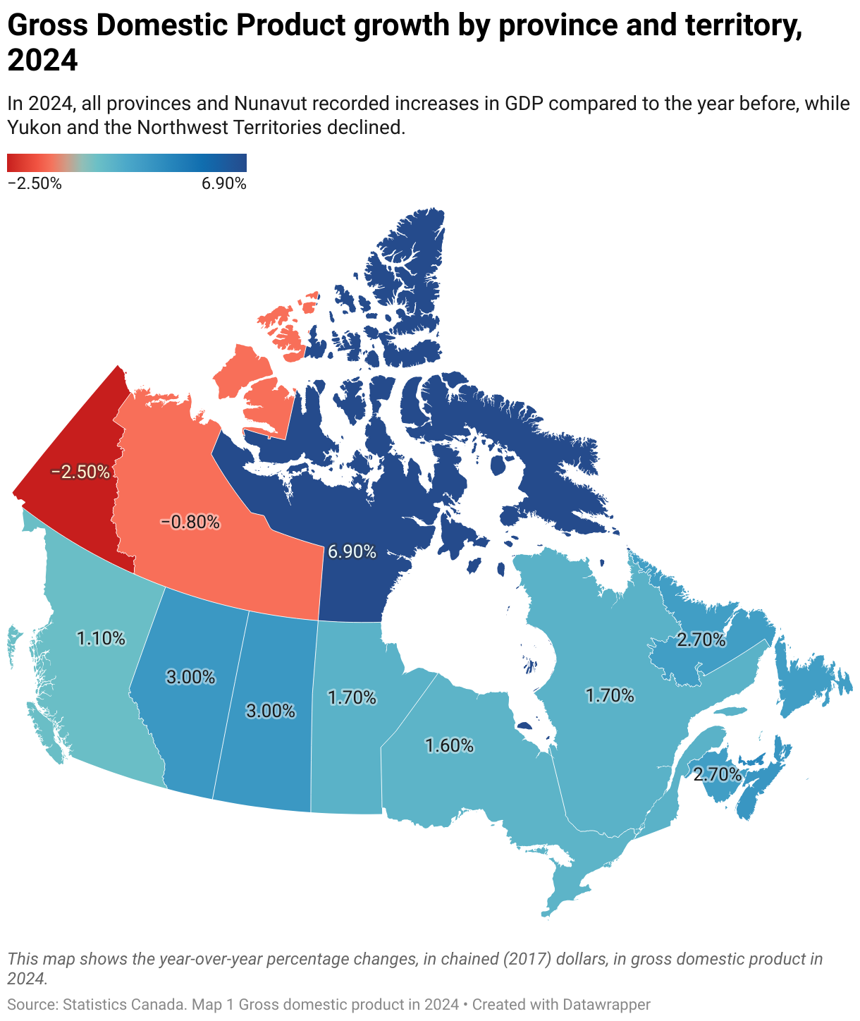 Gross Domestic Product growth by province and territory, 2024 (Choropleth map)