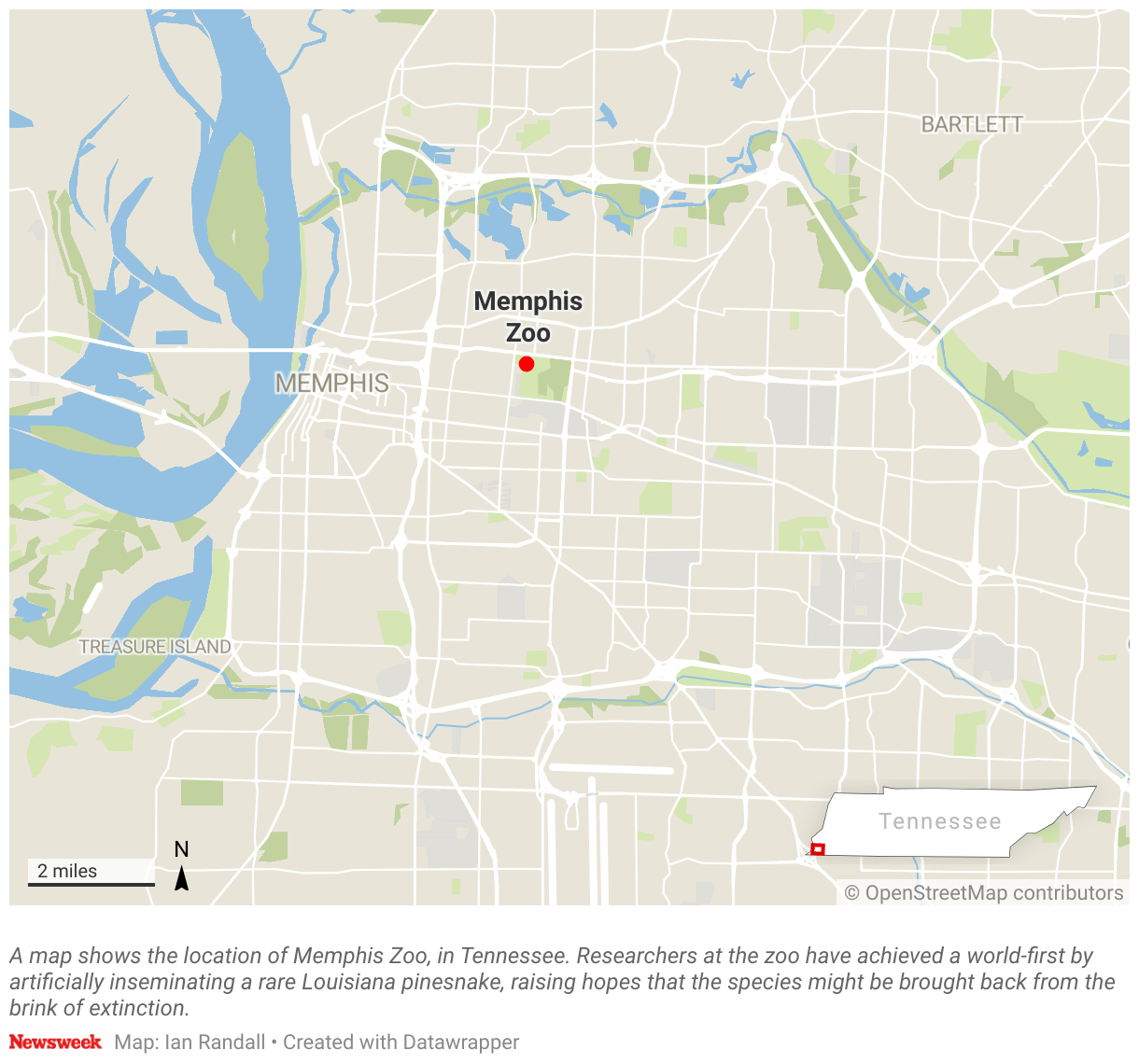 A map shows the location of Memphis Zoo, in Tennessee.