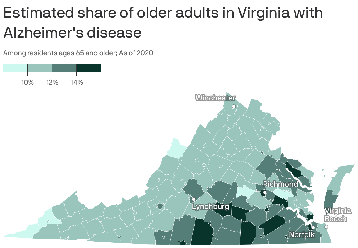 Estimated share of older adults in Virginia with Alzheimer's disease