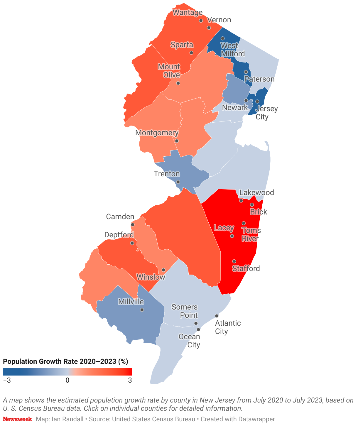 A map shows the estimated population growth rate by county in New Jersey from July 2020 to July 2023, based on U.S. Census Bureau data.