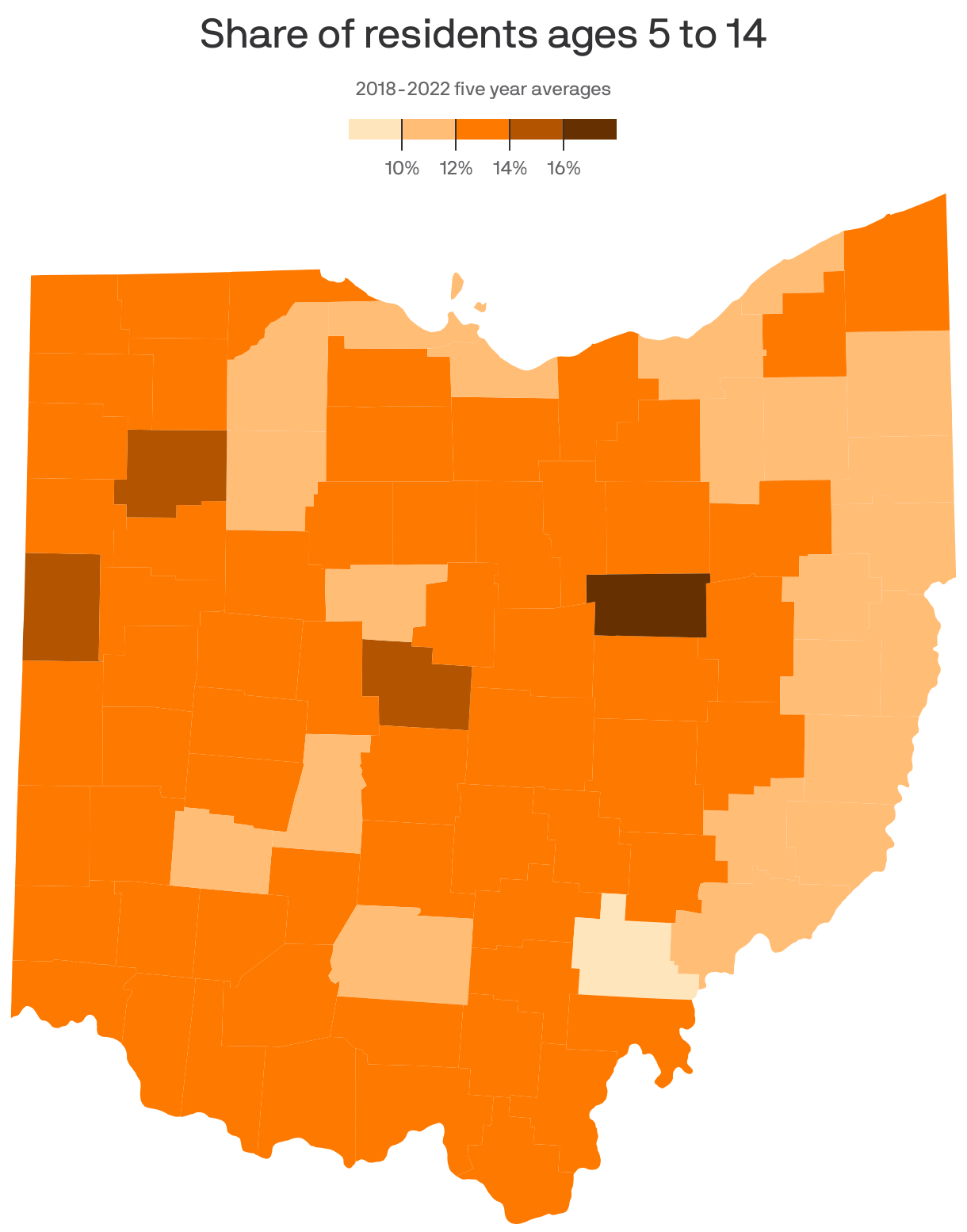 A county choropleth map showing the share of residents who are ages 5-14.